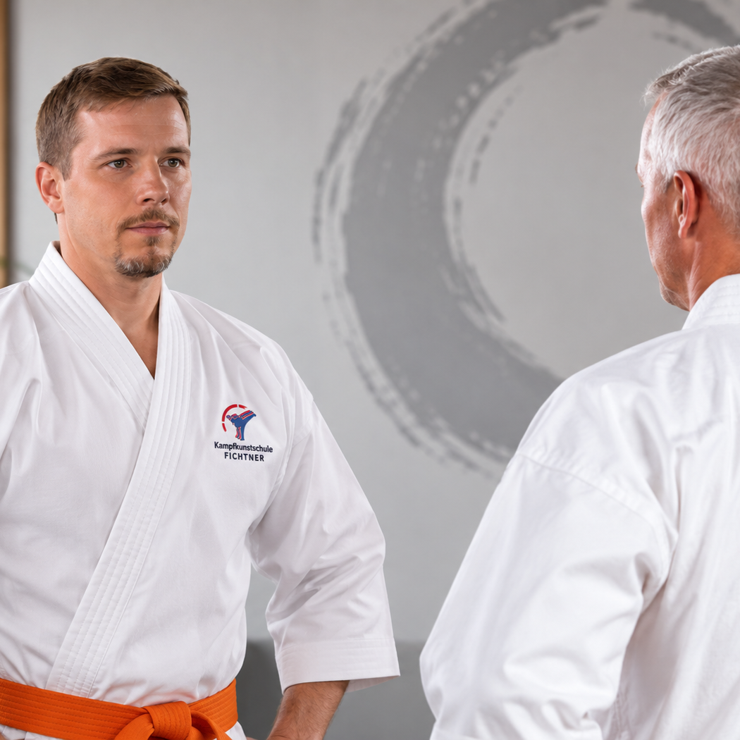 Zwei Kampfsportler in weißen Trainingsanzügen mit dem Logo der Kampfkunstschule Fichtner im persönlichen Gespräch.